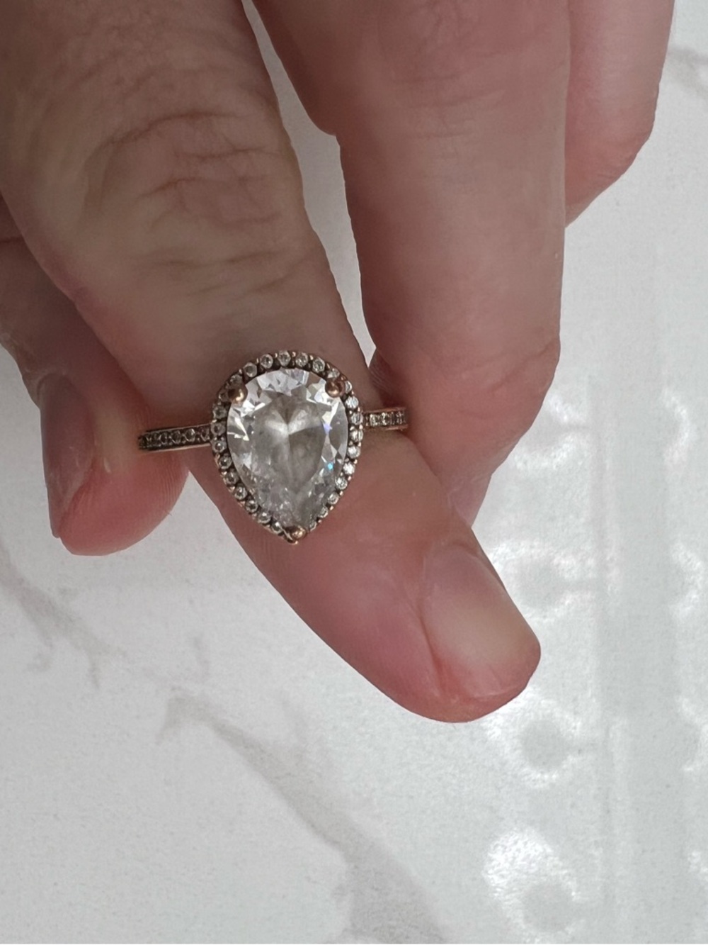 Pandora Rose Gold Teardrop Halo Ring with Clear Stone Size 7.5 - Picture 3 of 13